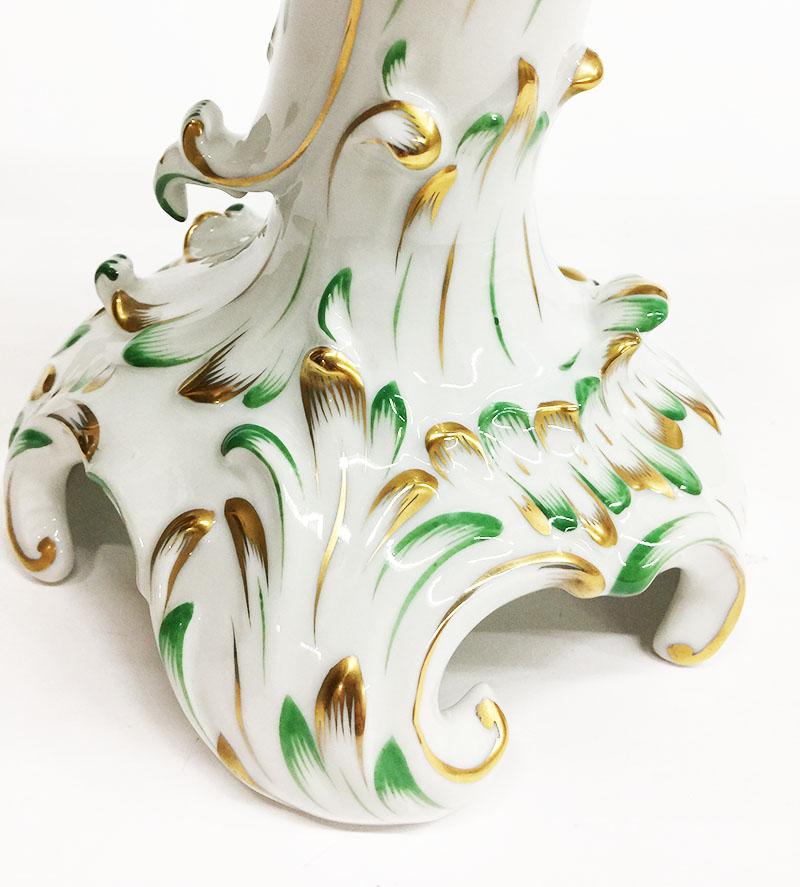Herend Hungary Porcelain Large Baroque Style Green and Gold Candelabra For Sale 4