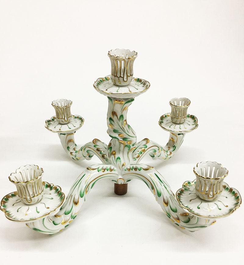Herend Hungary Porcelain Large Baroque Style Green and Gold Candelabra For Sale 8