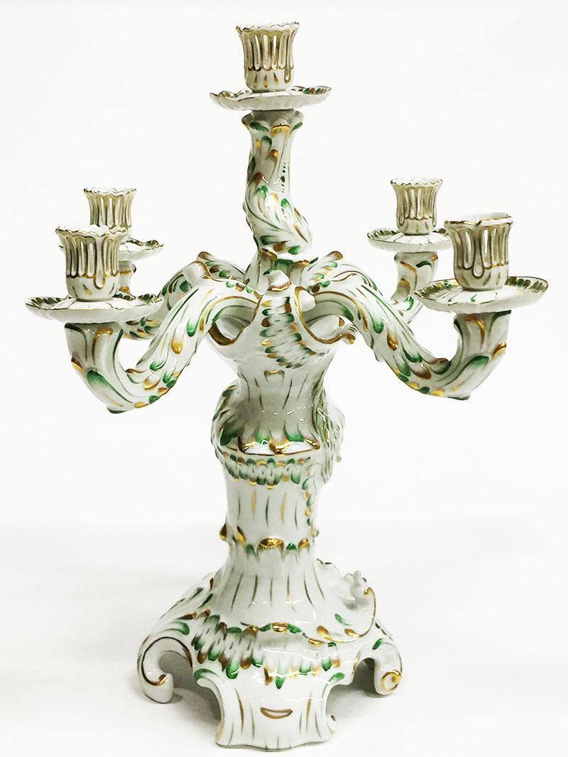 Hungarian Herend Hungary Porcelain Large Baroque Style Green and Gold Candelabra For Sale