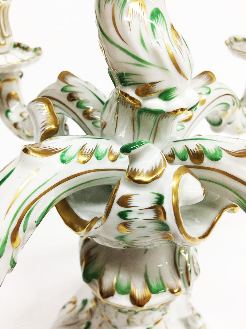 20th Century Herend Hungary Porcelain Large Baroque Style Green and Gold Candelabra For Sale