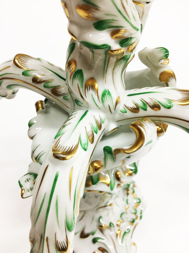 Herend Hungary Porcelain Large Baroque Style Green and Gold Candelabra For Sale 1