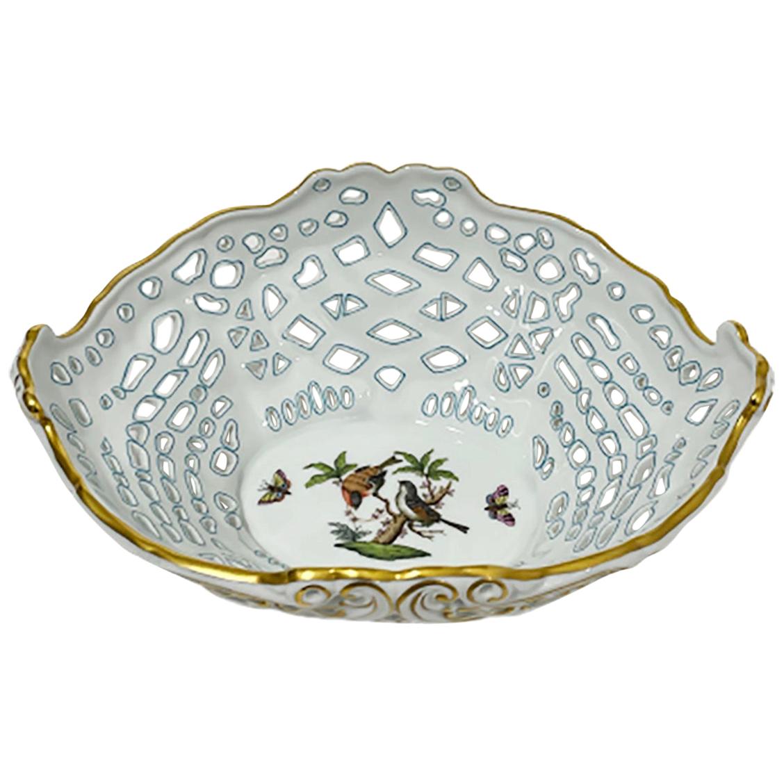 Herend Hungary Porcelain Openwork Basket with Rothschild Pattern