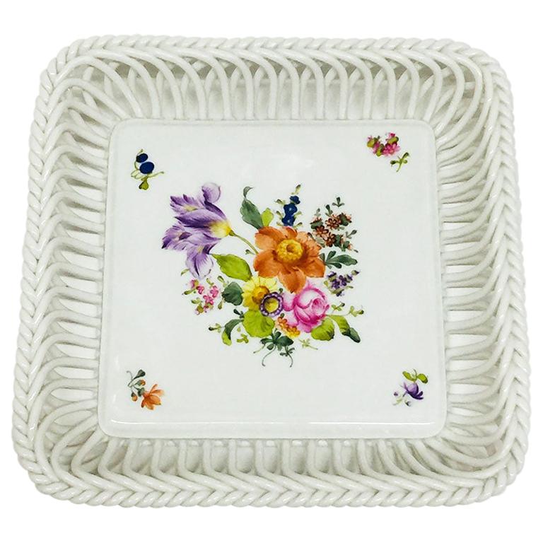 Herend Hungary Porcelain "Printemps" Square Openwork Basket For Sale