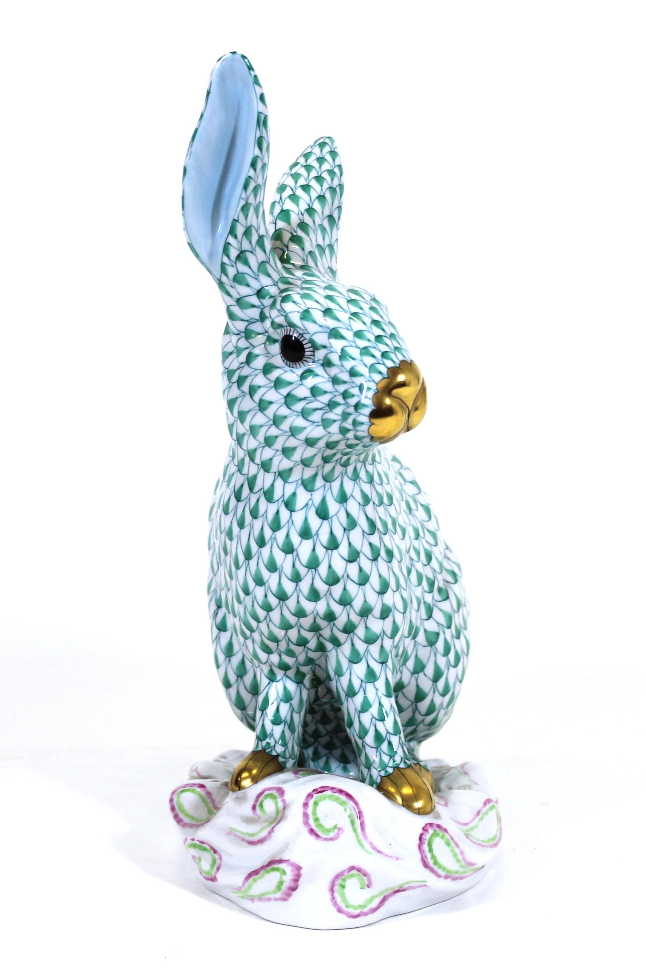 Herend Hungary porcelain rabbit figure hand-painted with green fishnet motif.