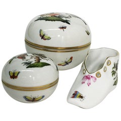 Herend Hungary Porcelain "Rothschild" Round Lidded Boxes and Shoe