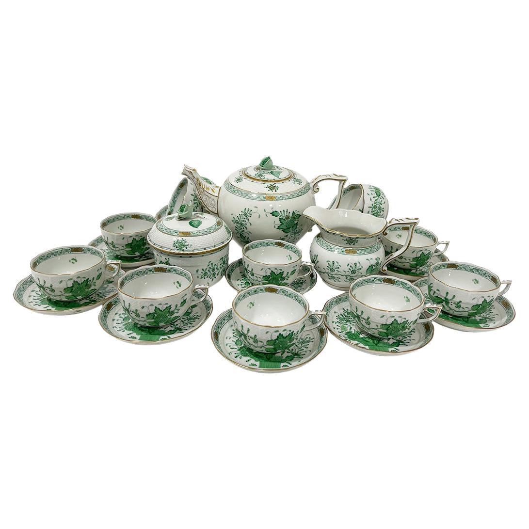 Herend Hungary Porcelain Tea set for 12 persons, Indian Basket Green pattern For Sale