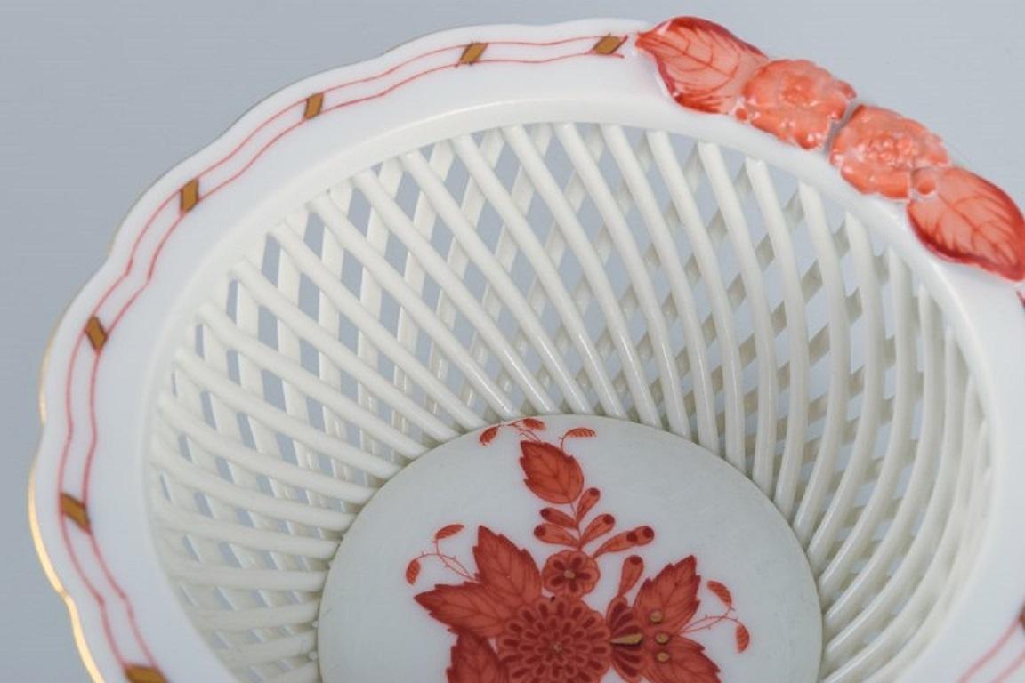 Hungarian Herend, Hungary, Reticulated Porcelain Bowl, Hand Painted with Orange Flowers For Sale