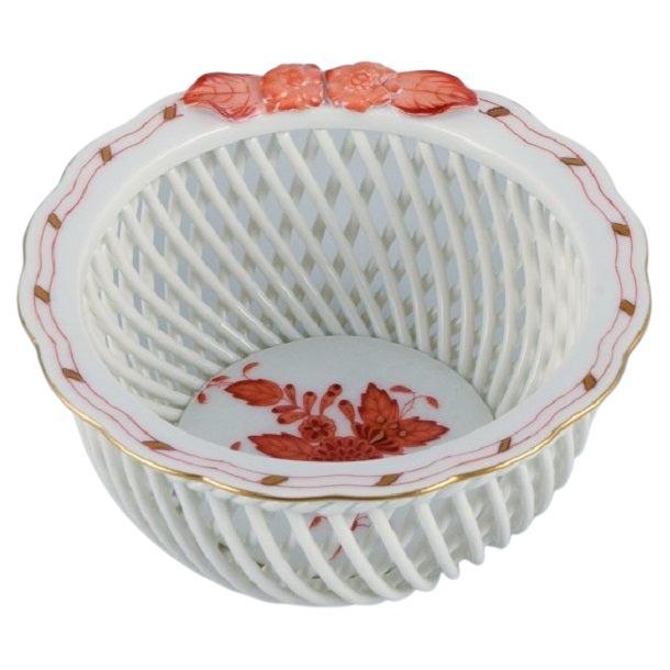 Herend, Hungary, Reticulated Porcelain Bowl, Hand Painted with Orange Flowers For Sale