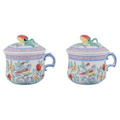 Herend, Hungary, two porcelain bouillon cups, with flowers and birds