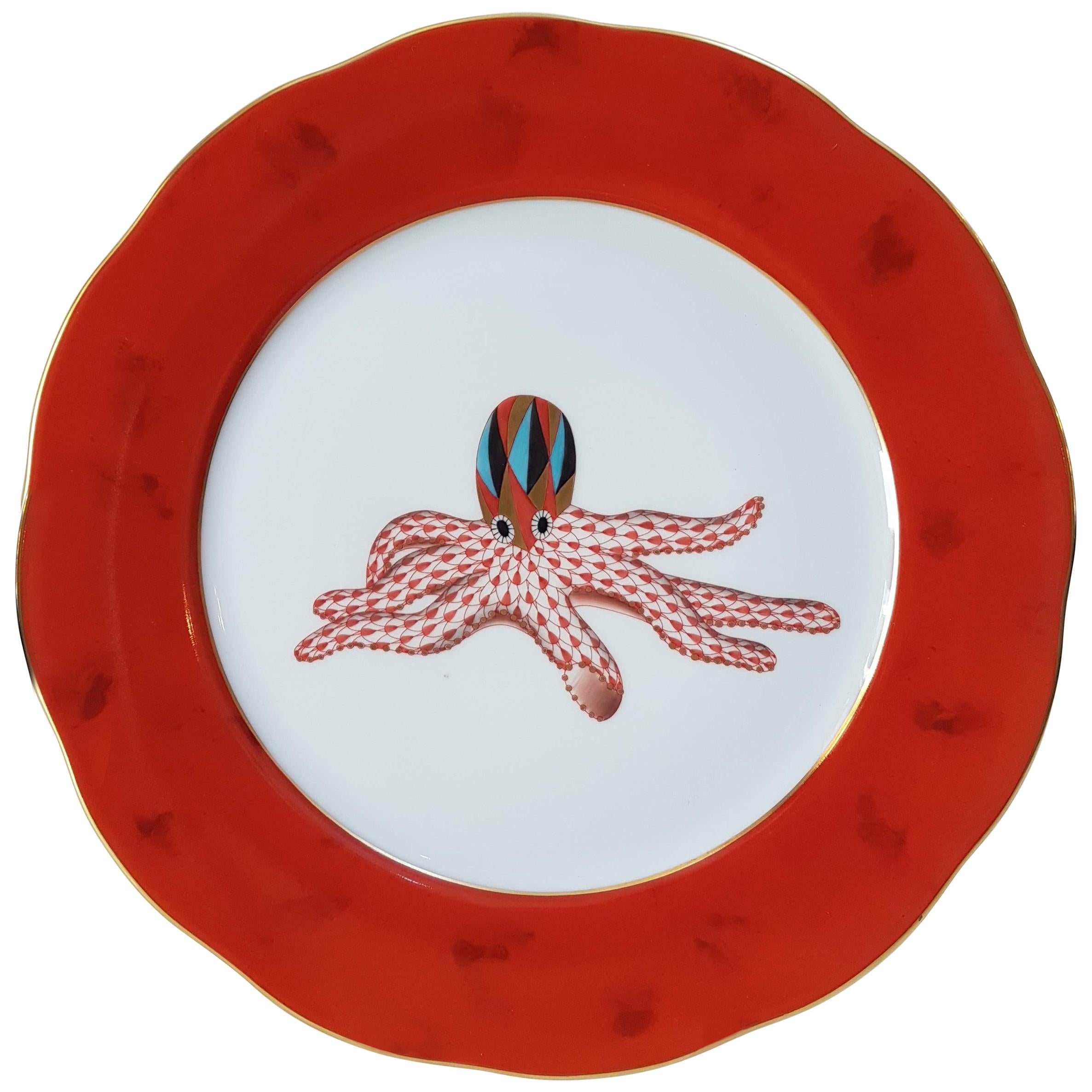 Herend "Octopus" Hand-Painted Hungarian Porcelain Dessert Plate, Modern