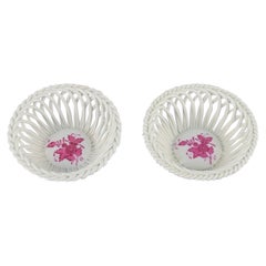 Herend Pink Chinese Bouquet, Two Small Bowls with Wickerwork in Porcelain
