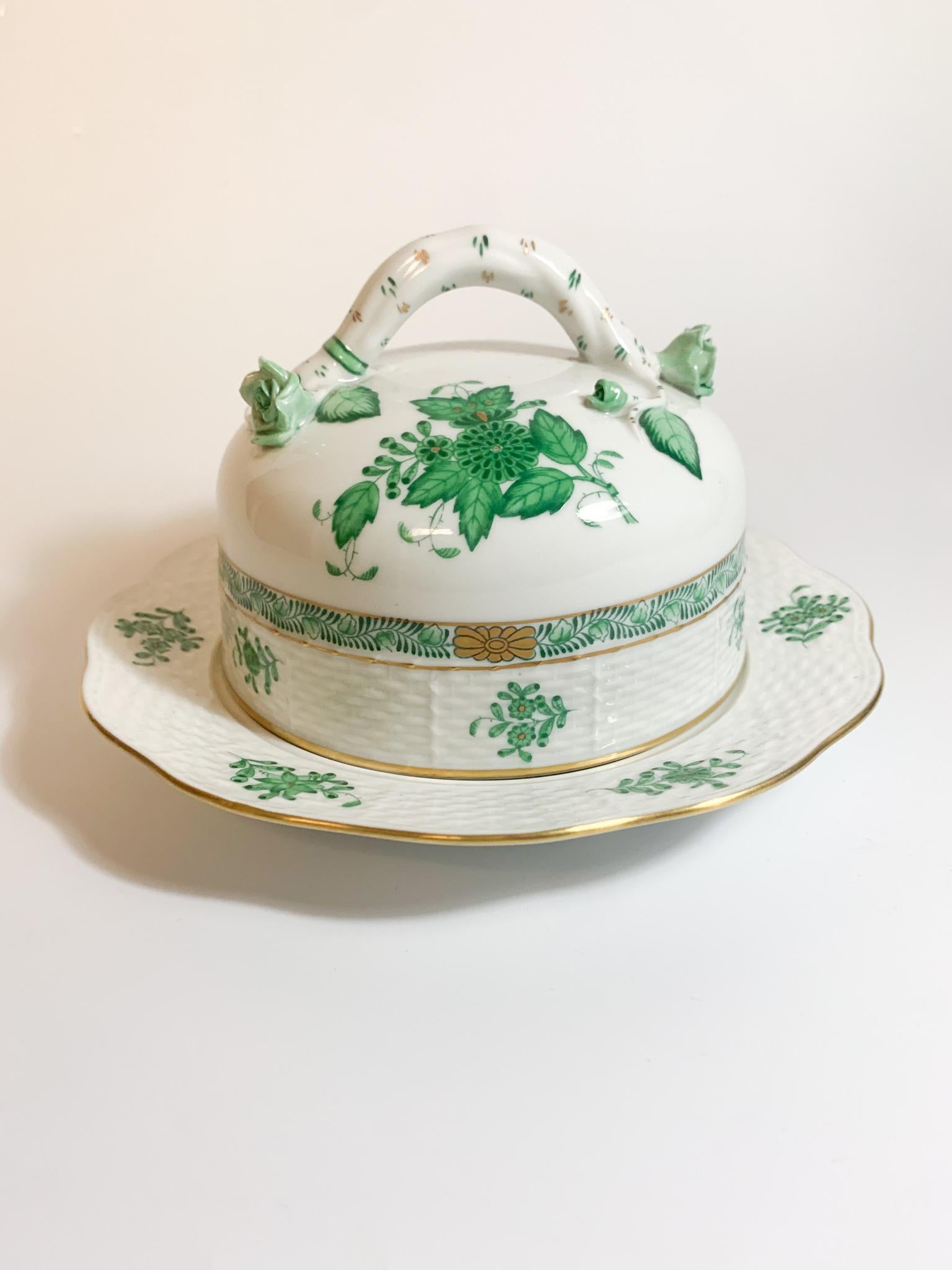 Art Nouveau Herend Porcelain Butter Dish with Ivy Pattern from the 1950s