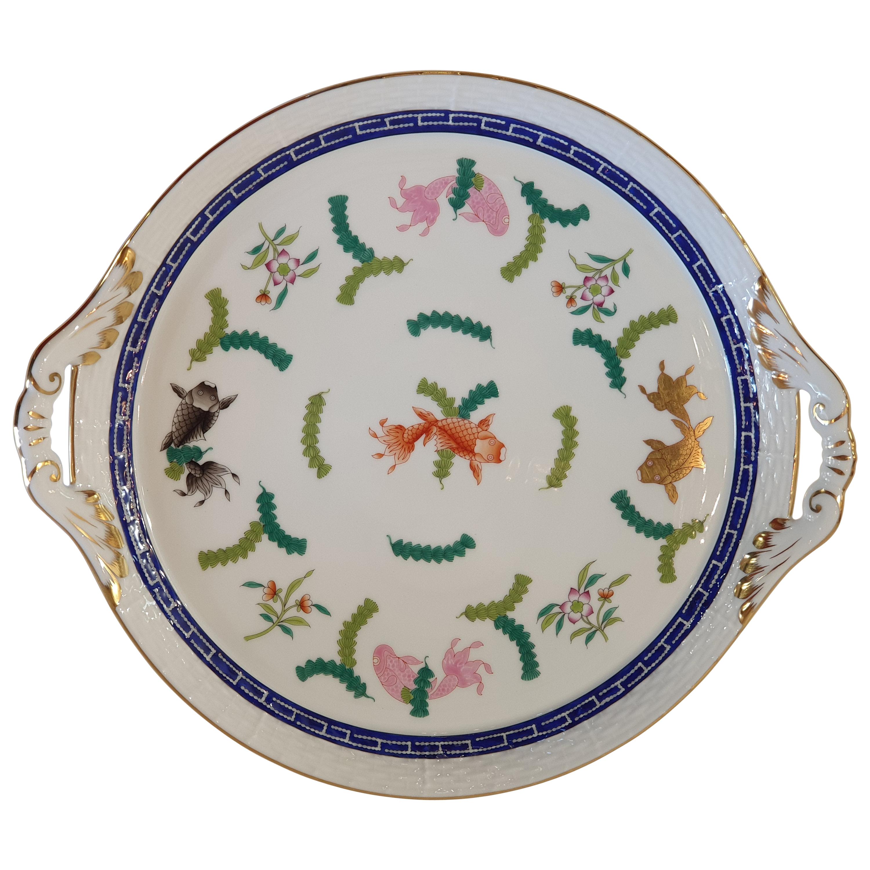 Herend "Poisson" Hand Painted Polychrome Porcelain Cake Plate, Hungary, Modern For Sale