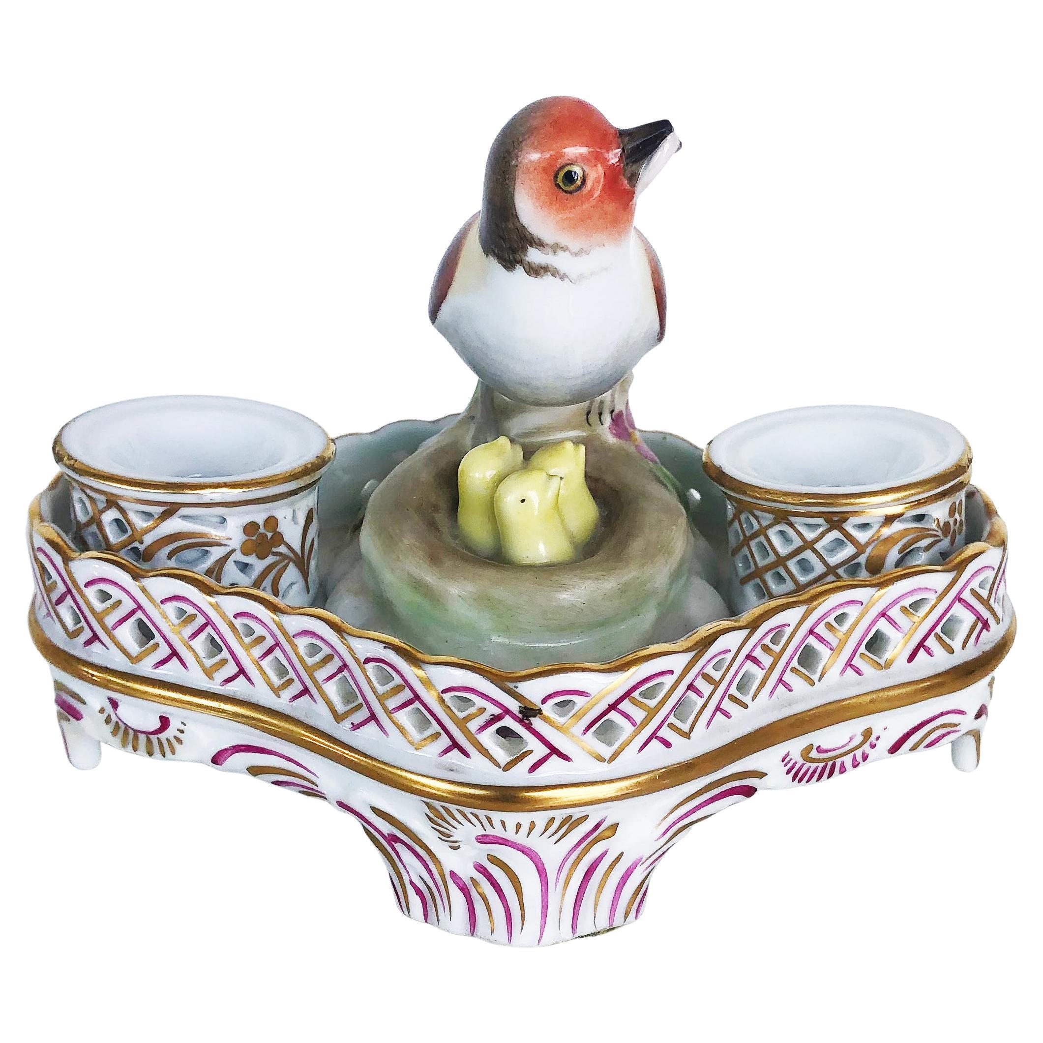 Herend Porcelain Birds "Rothschild" Double Inkwell Stand