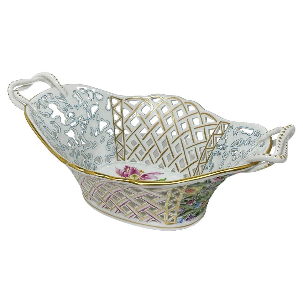 Herend Porcelain "Bouquet de Saxe" Large Openwork Basket with Handles