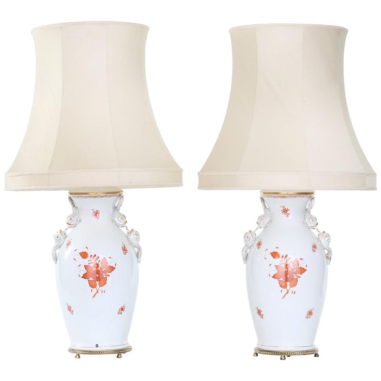 Herend Porcelain / Brass Base Pair Table Lamps at 1stDibs