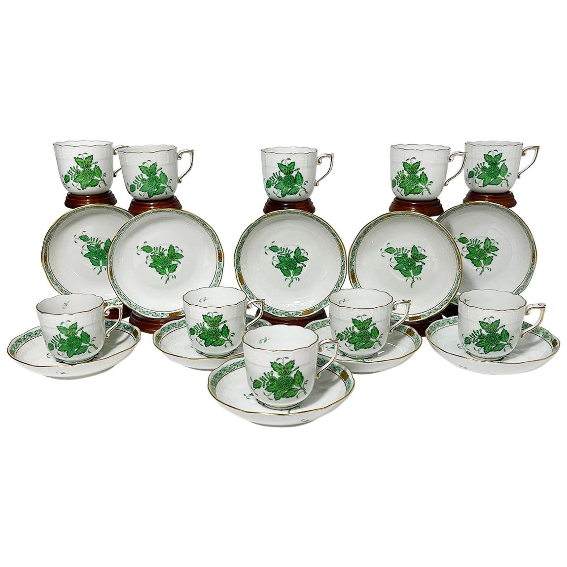 Herend Porcelain "Chinese Bouquet Apponyi Green" 10 Mocha Cups and Saucers For Sale
