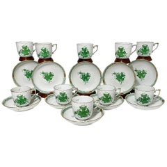 Used Herend Porcelain "Chinese Bouquet Apponyi Green" 10 Mocha Cups and Saucers