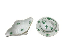 Herend Porcelain "Chinese Bouquet Apponyi Green" Butter Dish and Sauce Boat