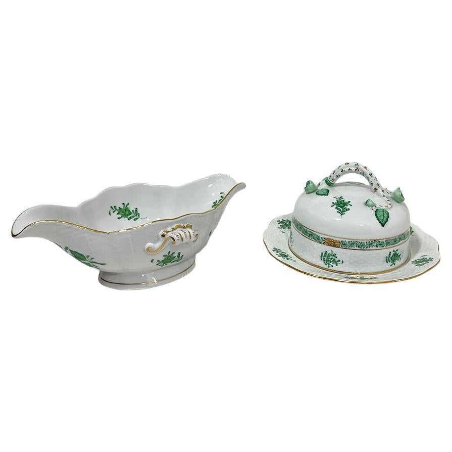 Herend Porcelain "Chinese Bouquet Apponyi Green" Butter Dish and Sauce Boat For Sale