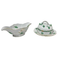Herend Porcelain "Chinese Bouquet Apponyi Green" Butter Dish and Sauce Boat