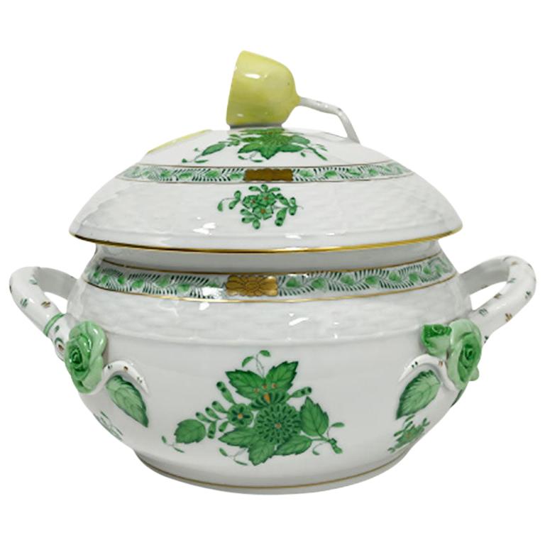 Herend Porcelain "Chinese Bouquet Apponyi Green" Small/Mini Tureen with Handles For Sale