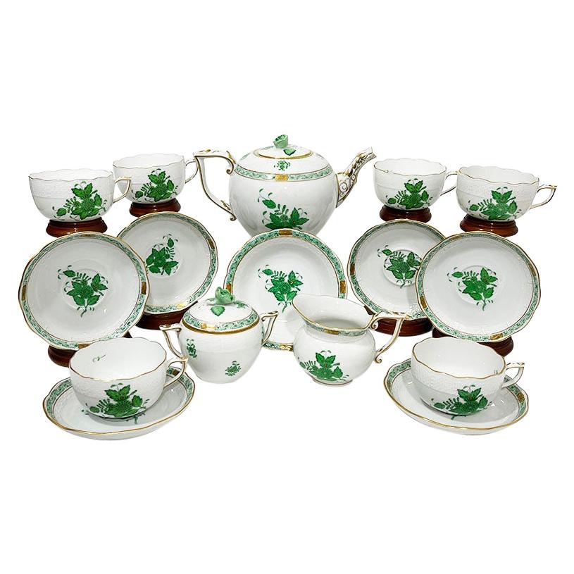 Herend Porcelain "Chinese Bouquet Apponyi Green" Tea Set for 6