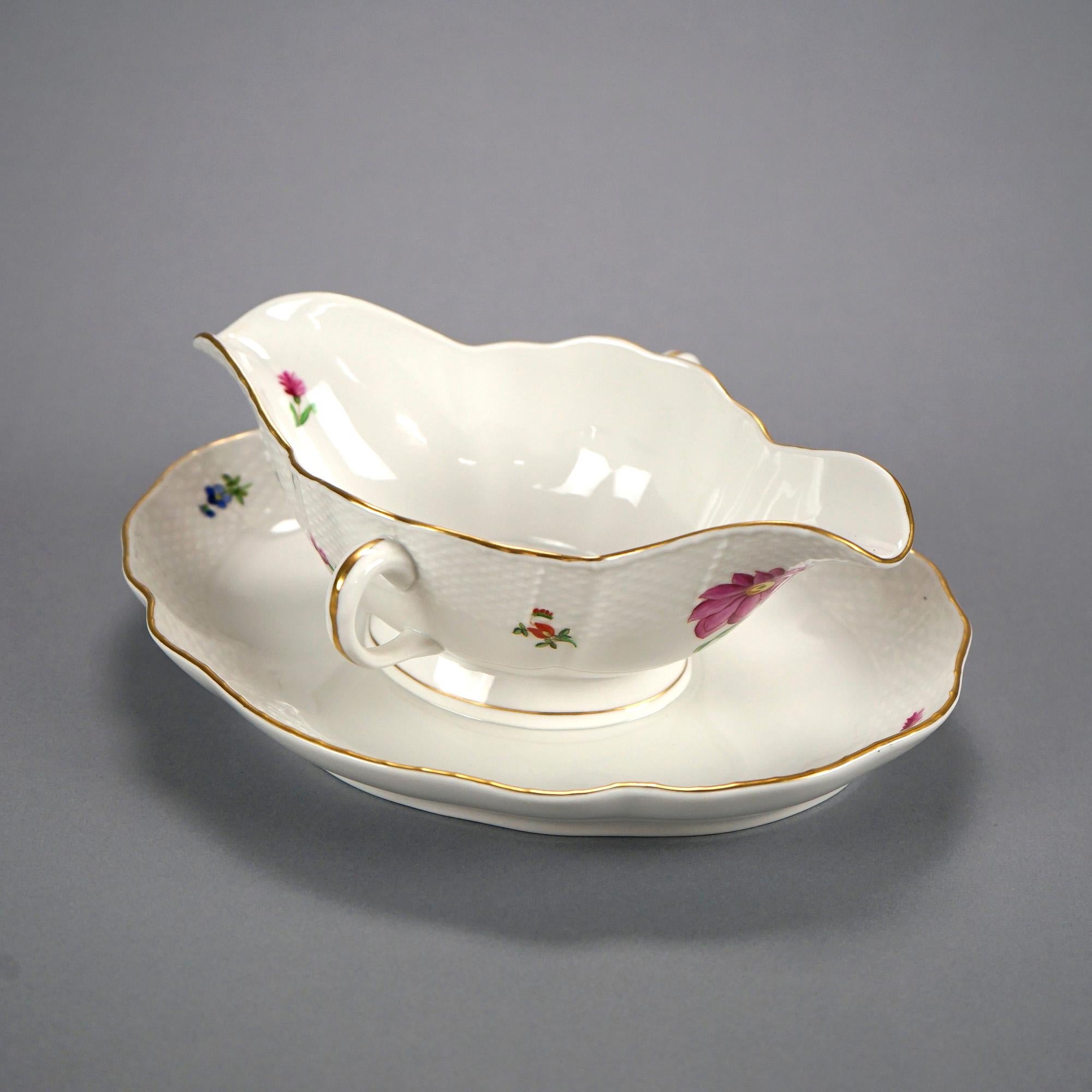 20th Century Herend Porcelain Double Handled Gravy Sauce Boat with Painted Flowers, 20th C For Sale