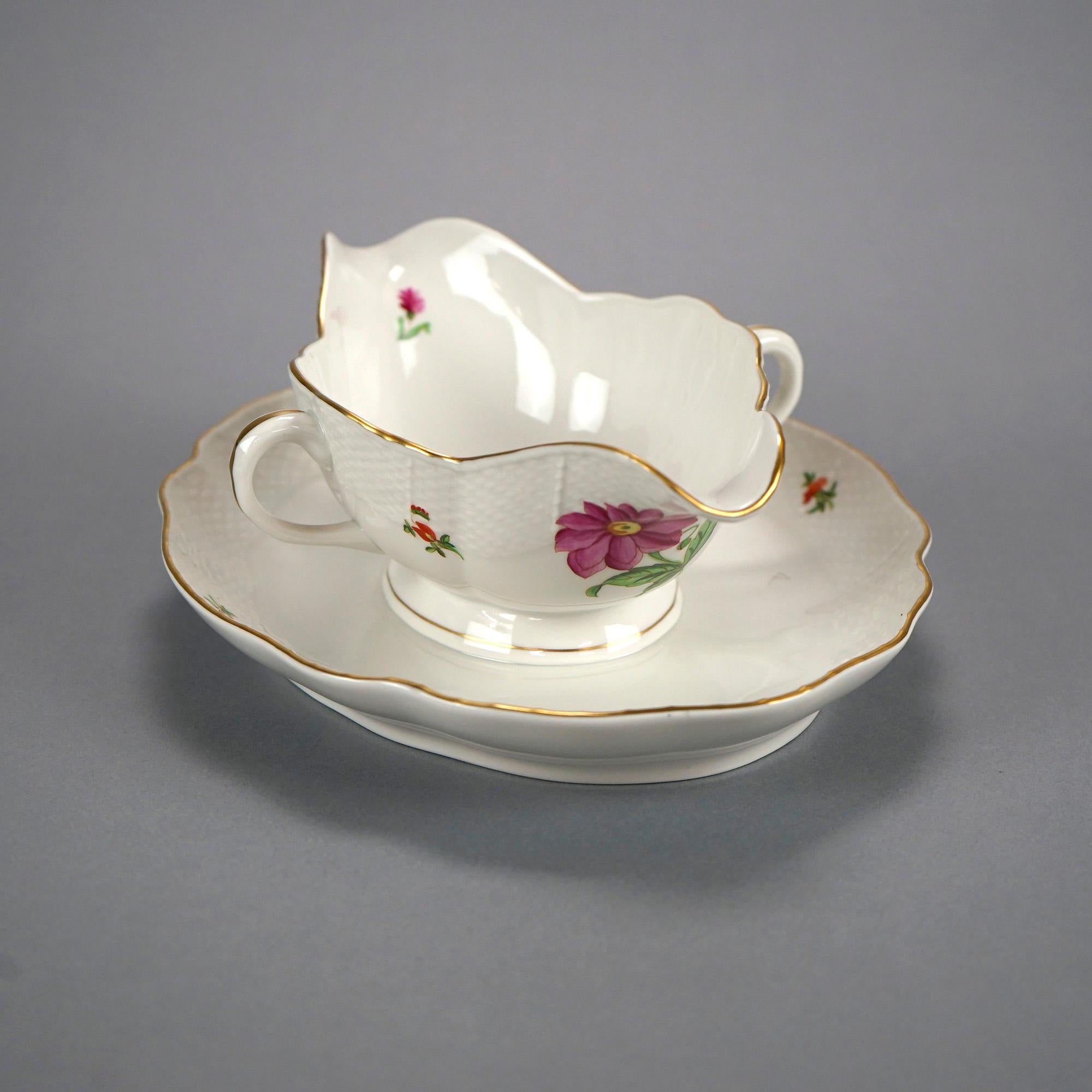 Herend Porcelain Double Handled Gravy Sauce Boat with Painted Flowers, 20th C For Sale 1