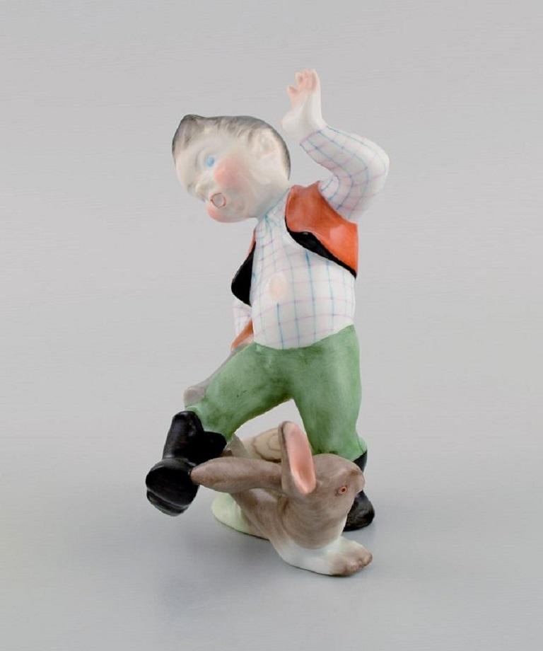 Hand-Painted Herend Porcelain Figure, Hunter Boy and Hare, Mid-20th Century