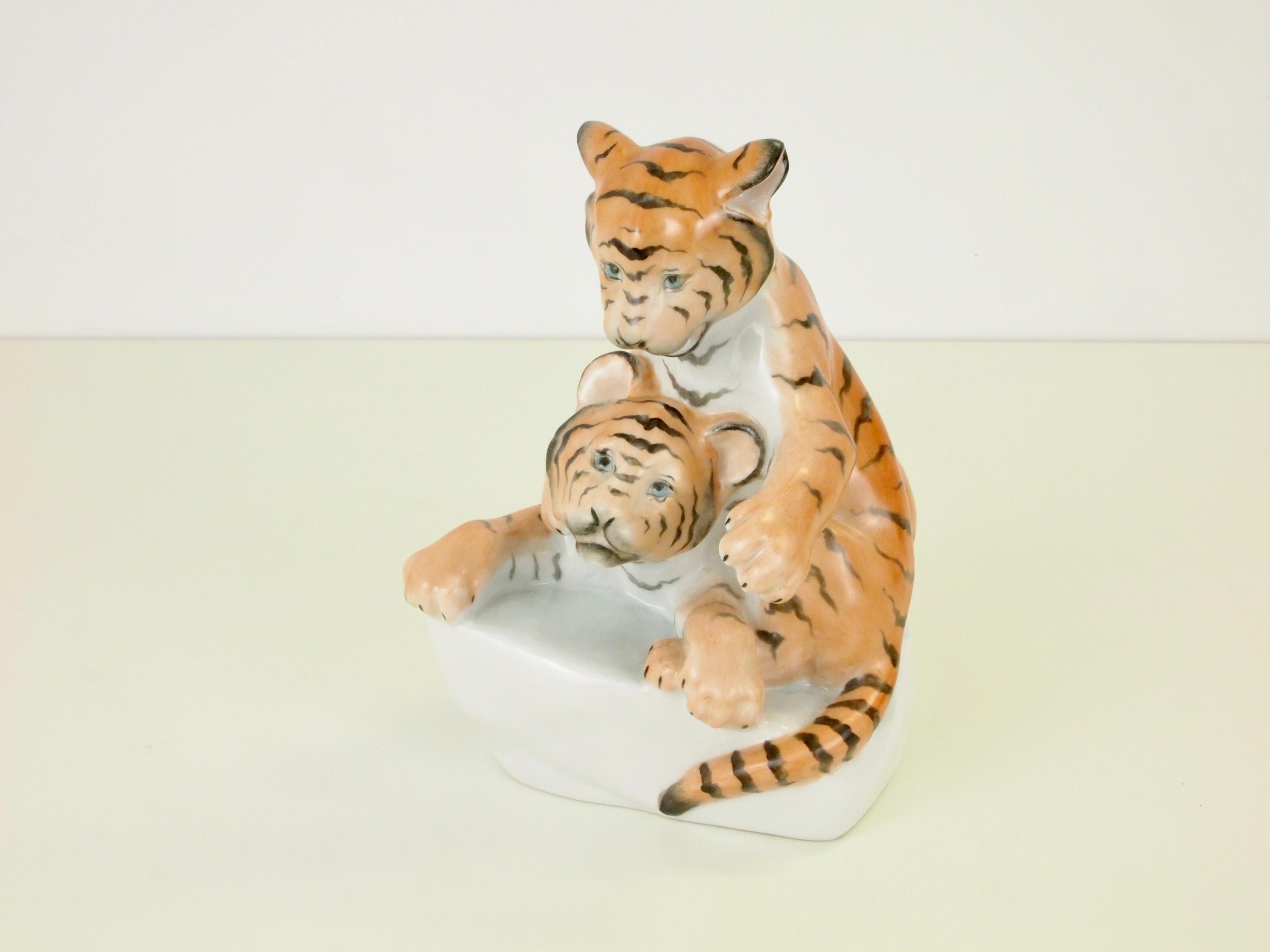 Hand-Painted Herend Porcelain Figurine Depicting 2 Tiger Cubs For Sale