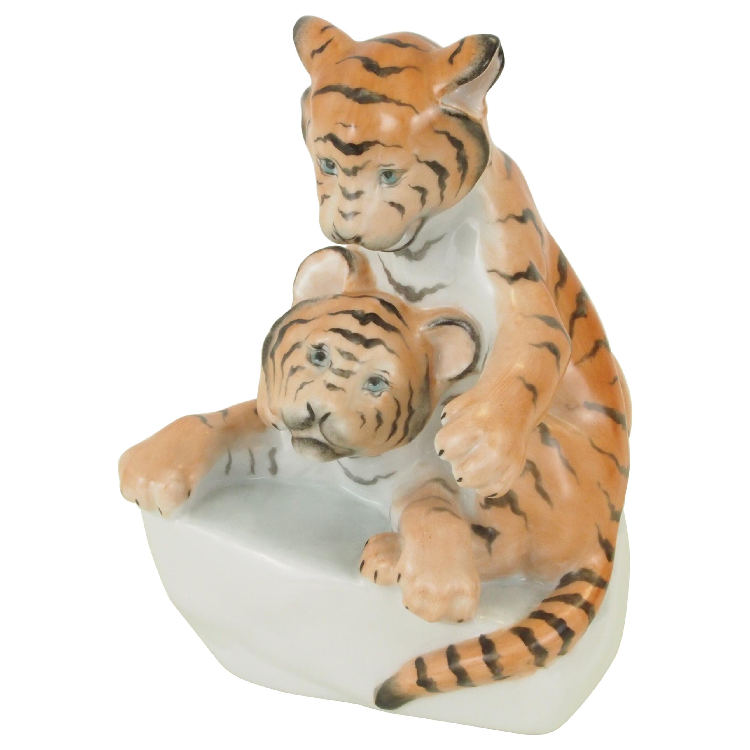 Herend Porcelain Figurine Depicting 2 Tiger Cubs For Sale