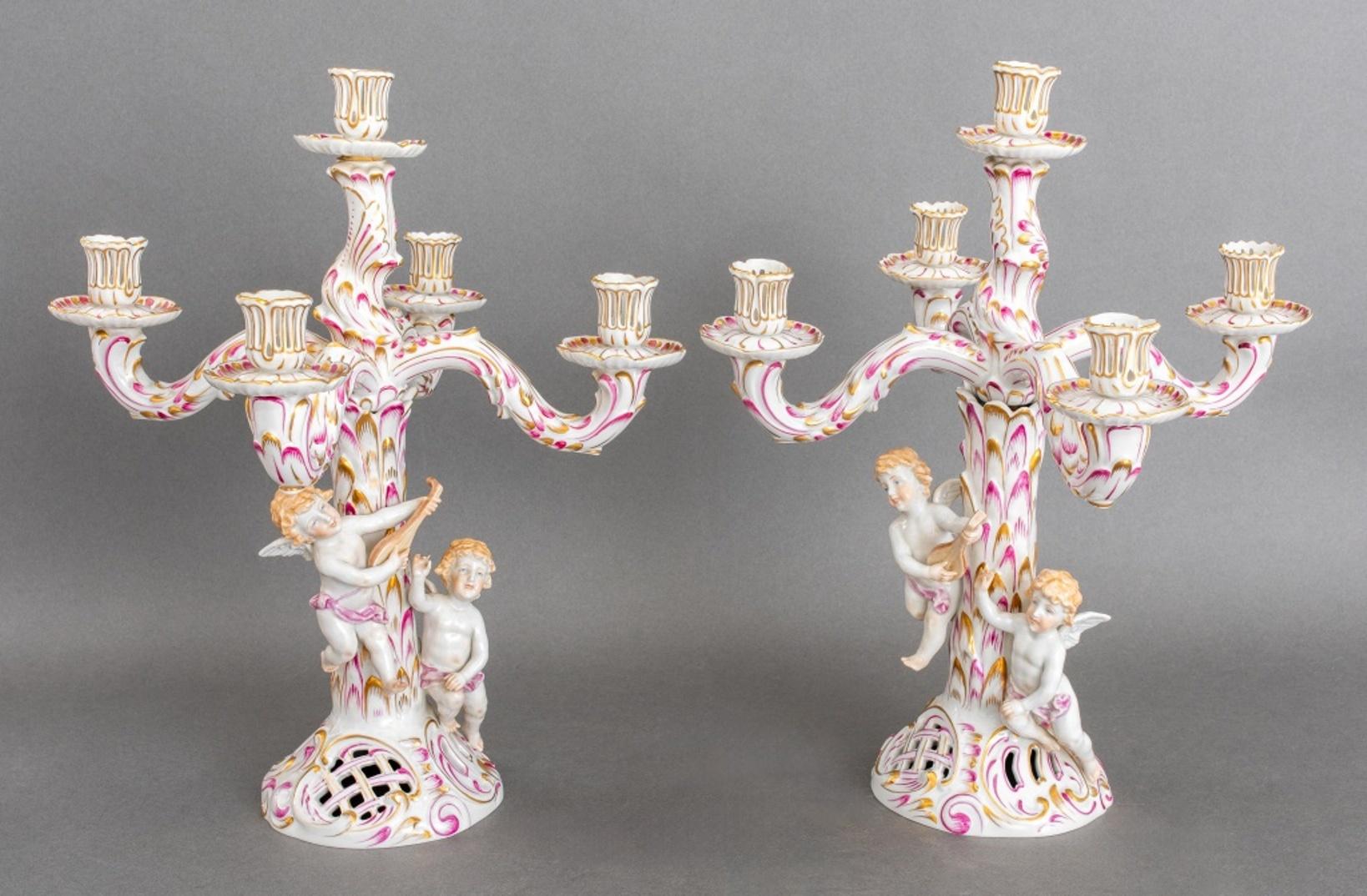 Belle Époque Pair of Herend Porcelain Five Light Candelabra, C. 1950s