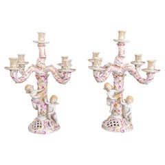 Retro Pair of Herend Porcelain Five Light Candelabra, C. 1950s