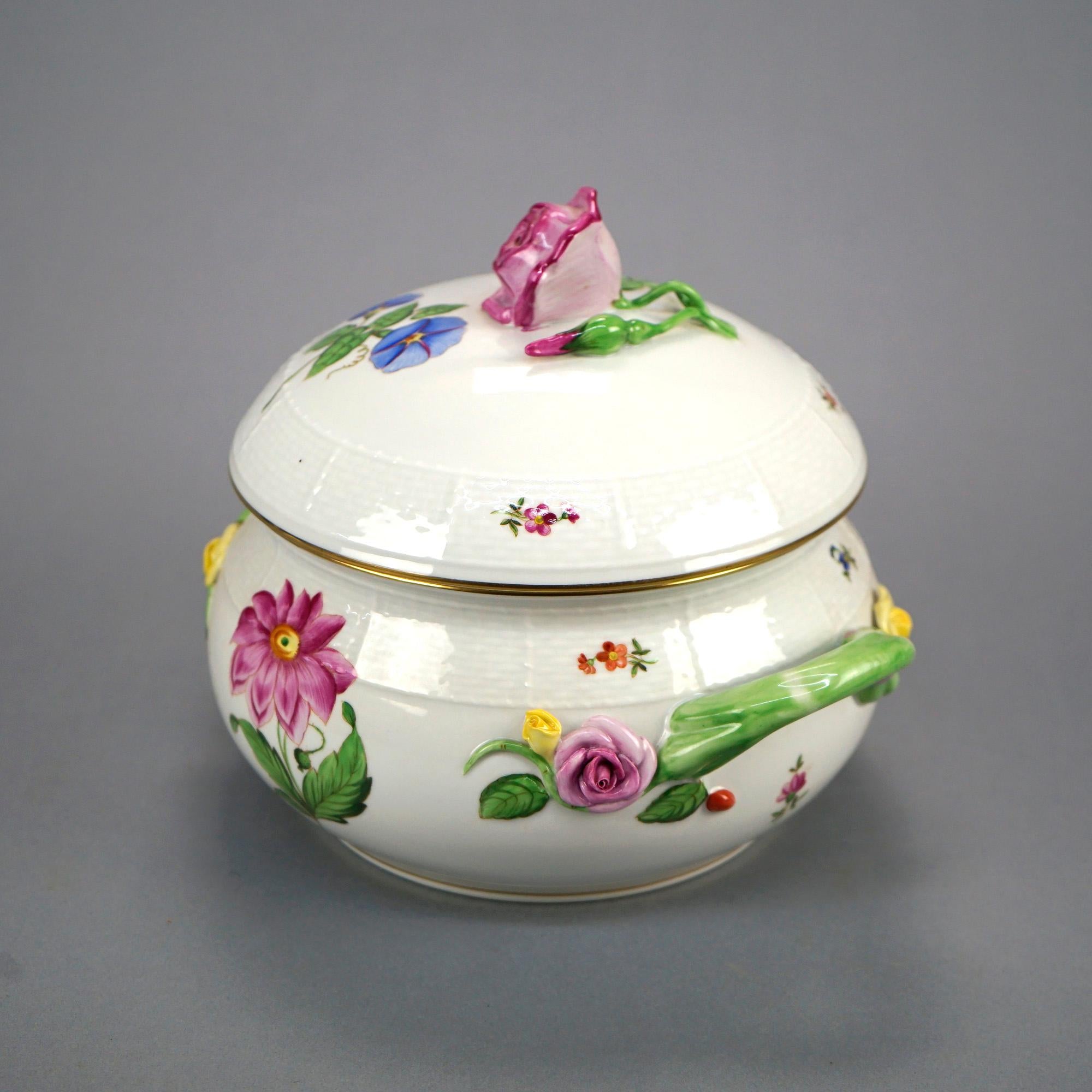 European Herend Porcelain Floral Decorated Covered Tureen with Applied Flowers, 20th C
