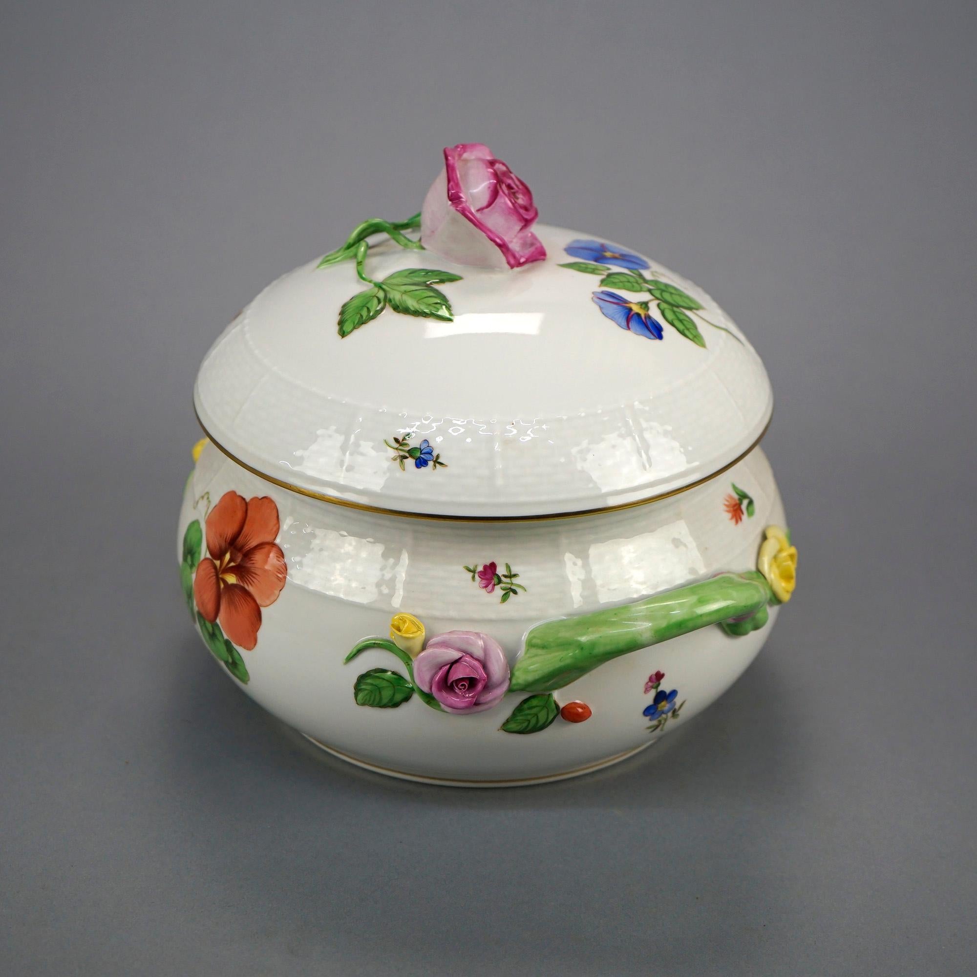 20th Century Herend Porcelain Floral Decorated Covered Tureen with Applied Flowers, 20th C