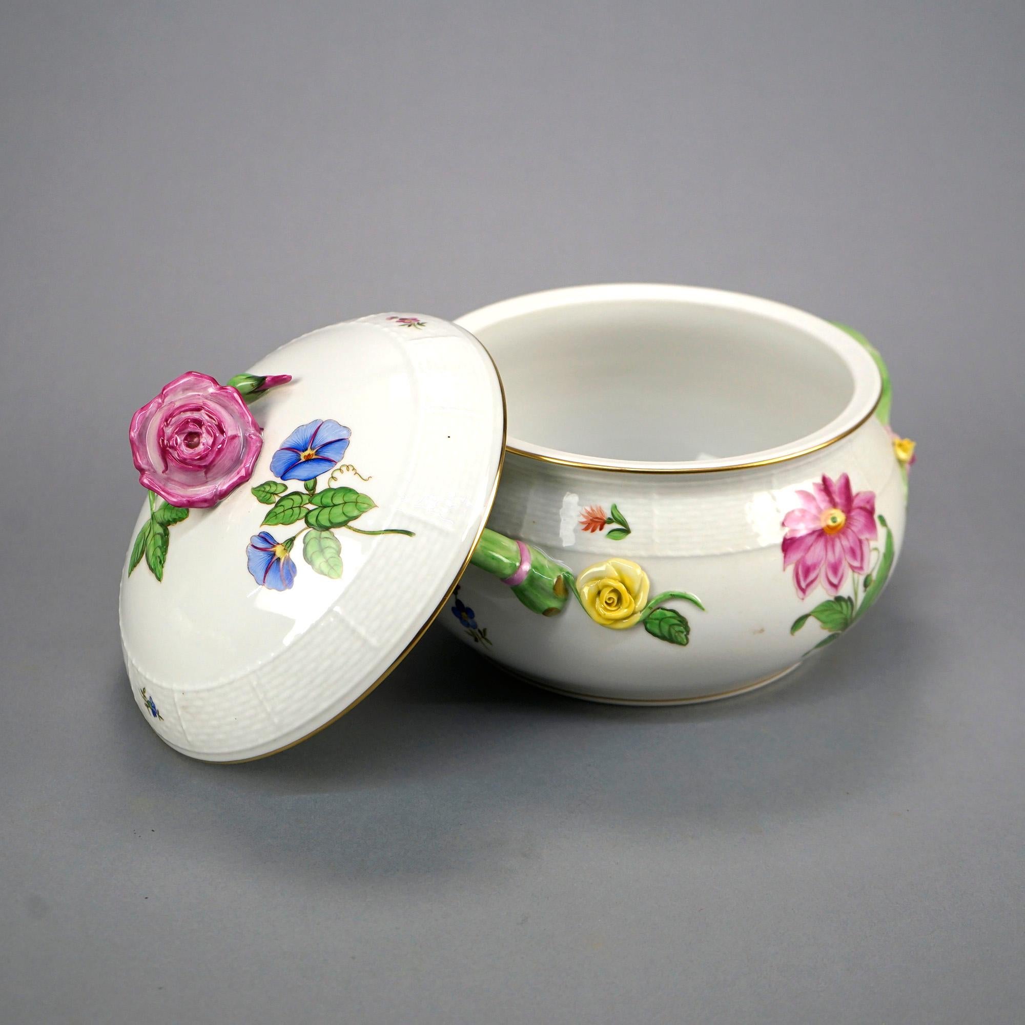 Herend Porcelain Floral Decorated Covered Tureen with Applied Flowers, 20th C 1