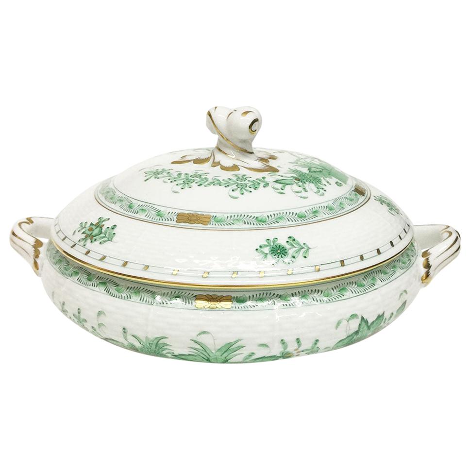Herend Porcelain "Indian Basket Green" Tureen with Handles, Hungary