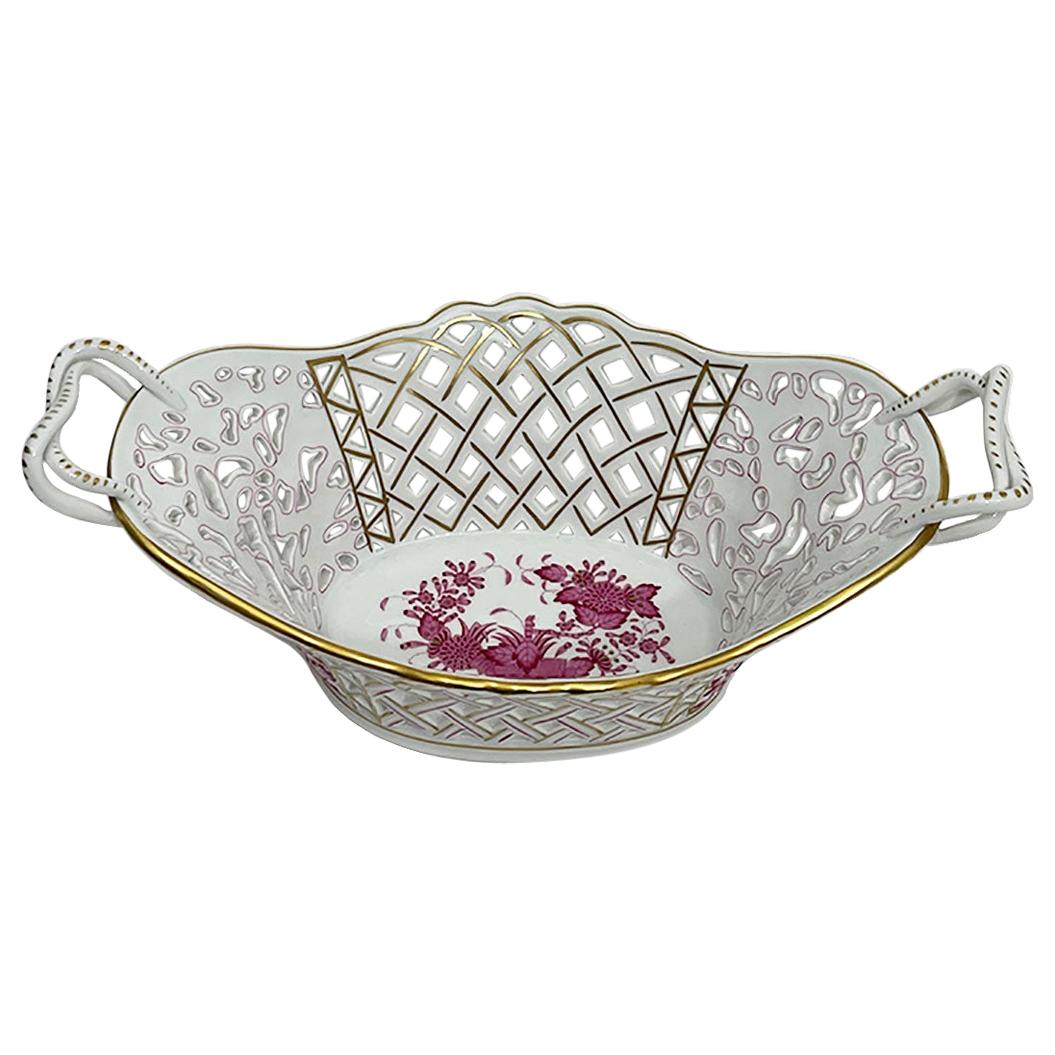 Herend Porcelain "Indian Basket Purple" Large Openwork Basket with Handles For Sale