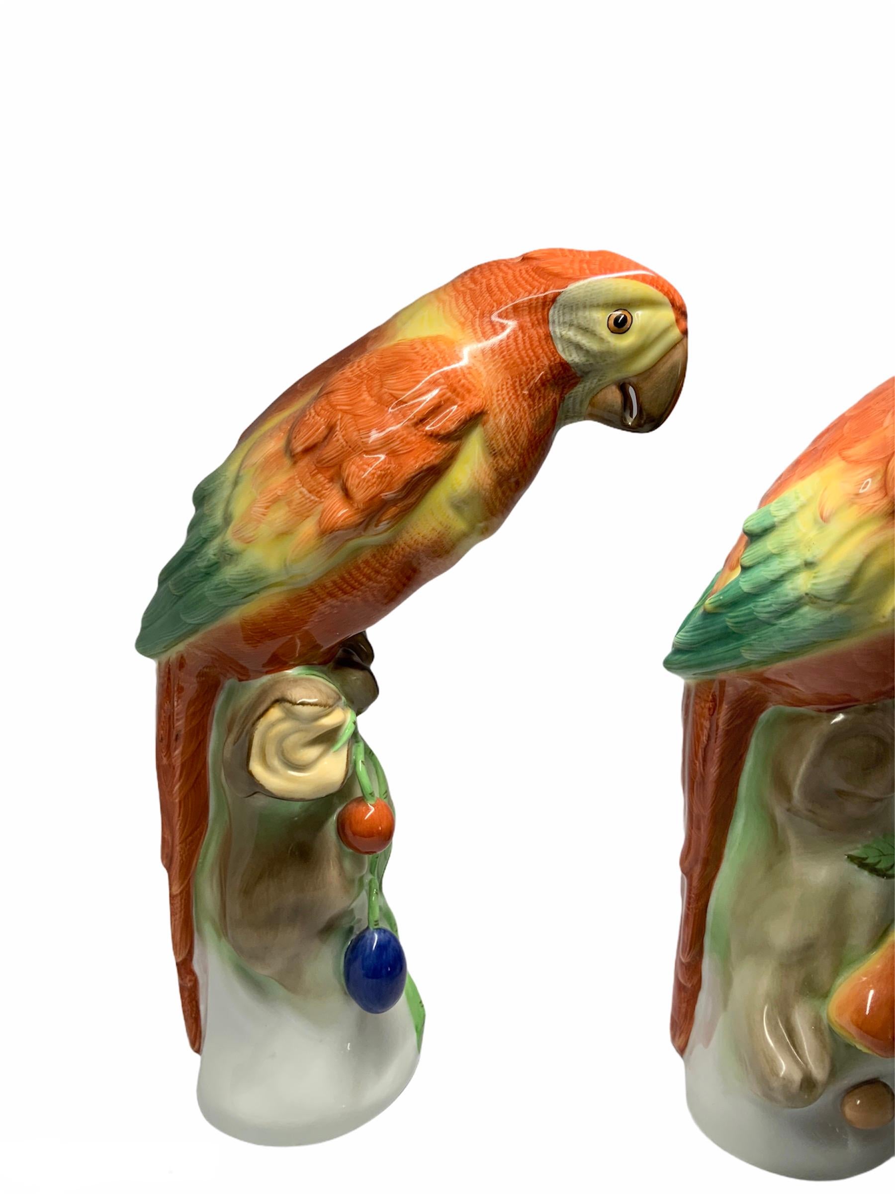 Hungarian Herend Porcelain Pair of Parrots Figurines