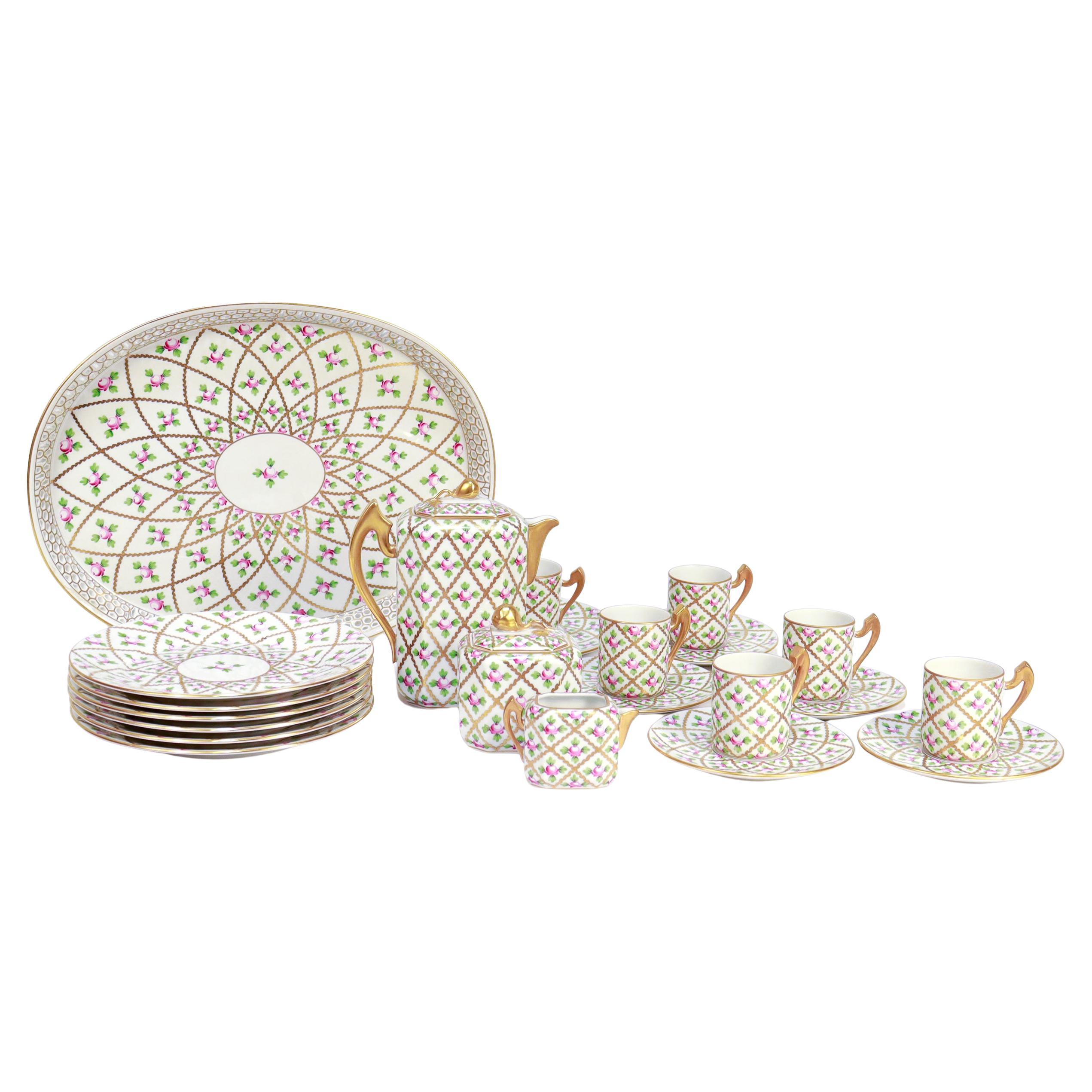 Herend Porcelain Petite Sevres Rose (Sprog) Pattern Demitasse Coffee Set & Tray For Sale