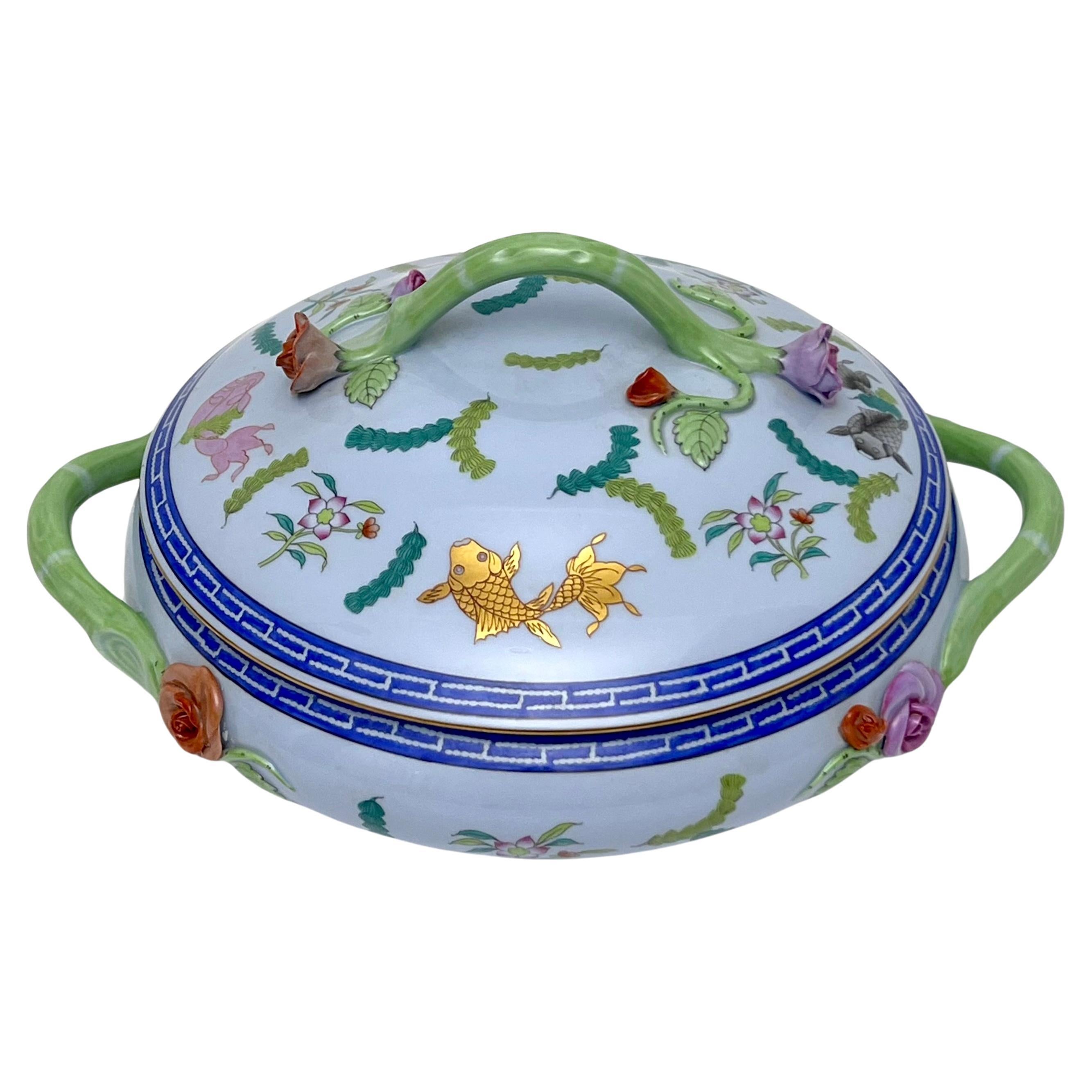 Rare Herend Poisson Tureen in Blue with fish and seaweed and the signature rose petal handles. The blue in this design is more rare than the white background and this piece at 35 plus years is almost in mint condition. This is a medium size tureen