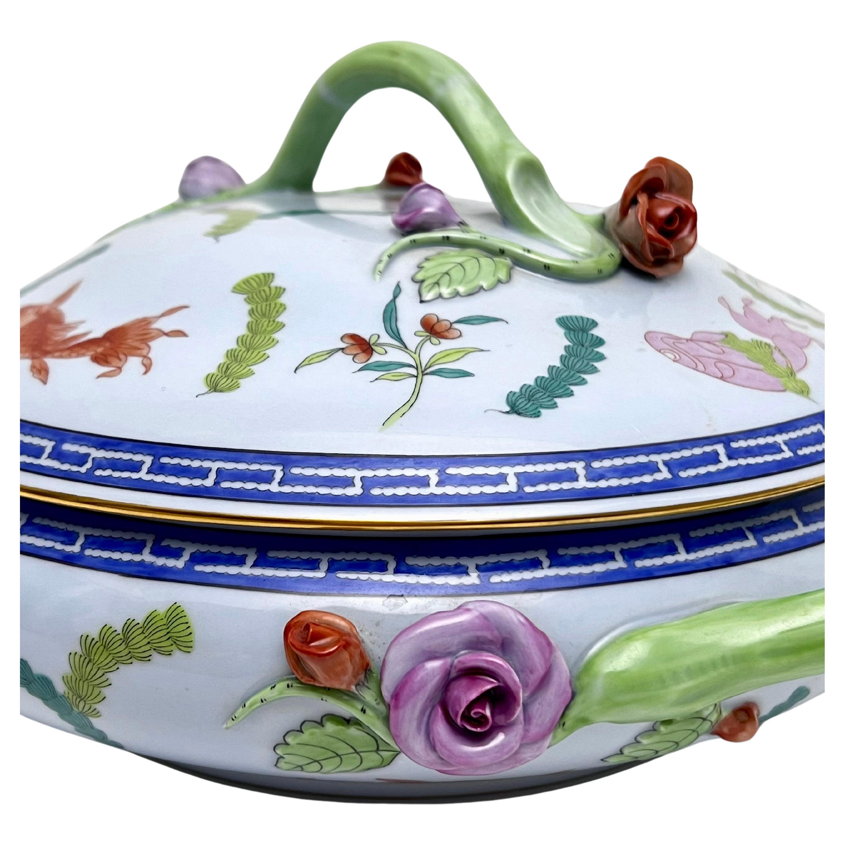 Hand-Crafted Herend Porcelain Poisson Tureen in Blue with Handles For Sale