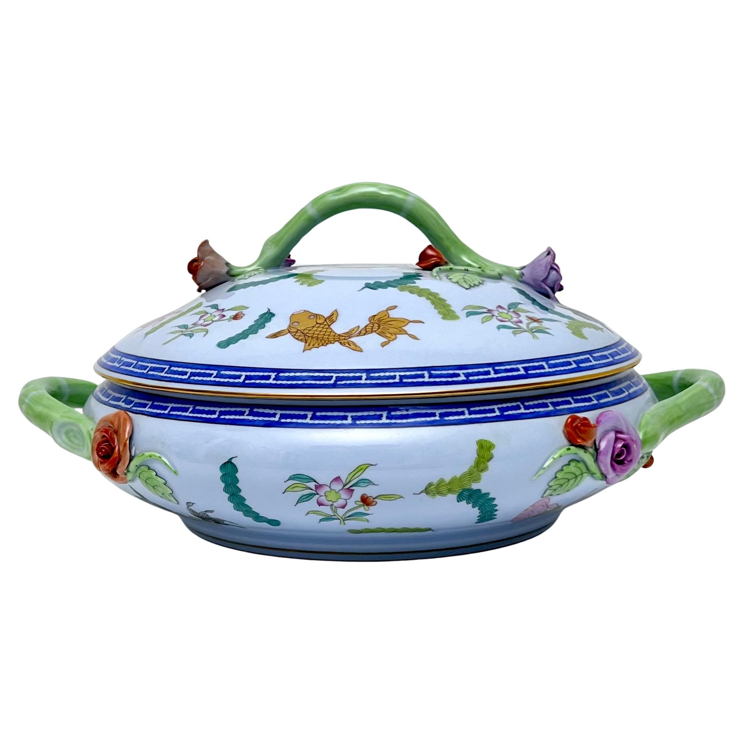 Herend Porcelain Poisson Tureen in Blue with Handles For Sale