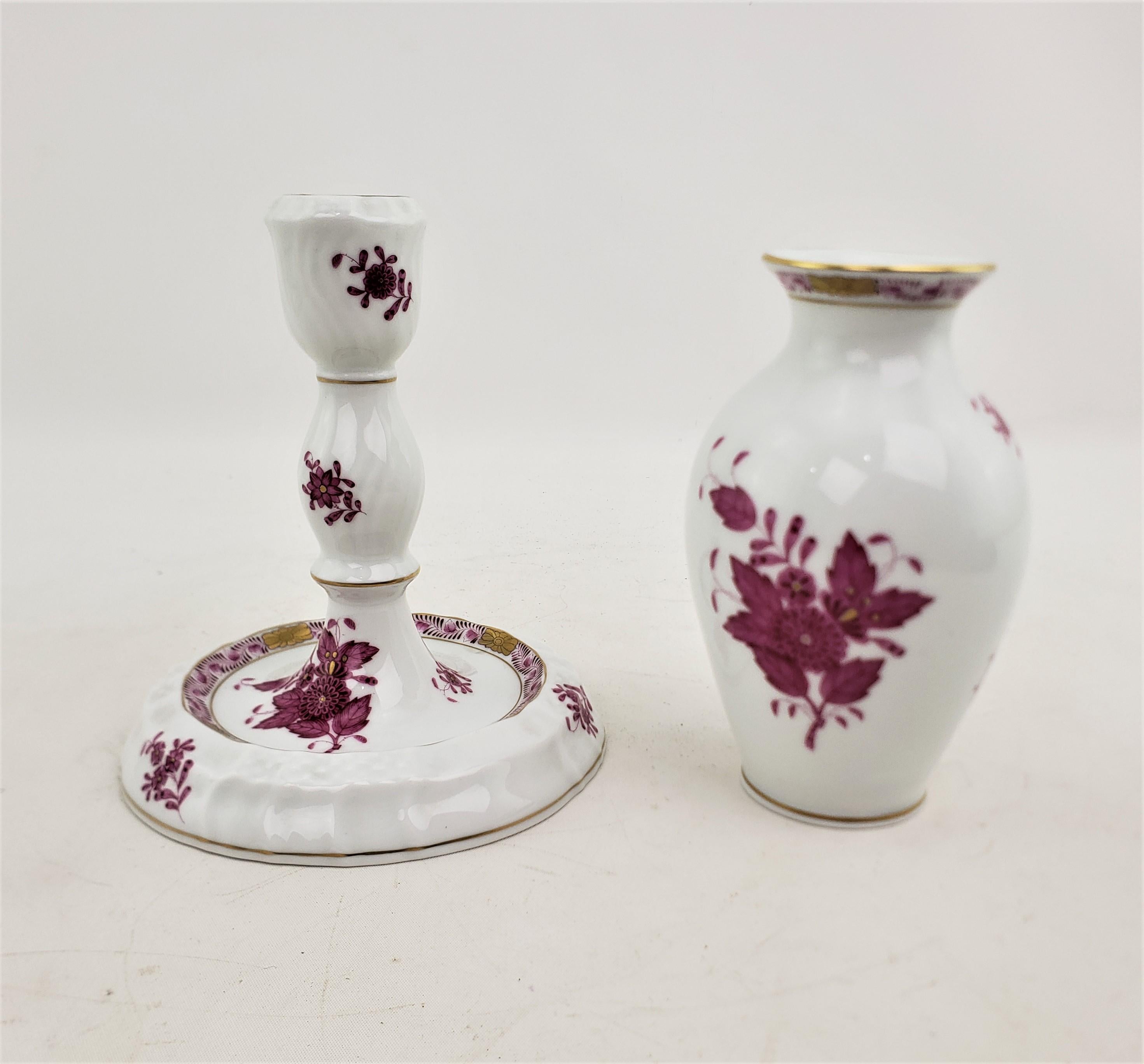 Chinoiserie Herend Porcelain Raspberry Chinese Bouquet Candlestick & Vase Pairing For Sale