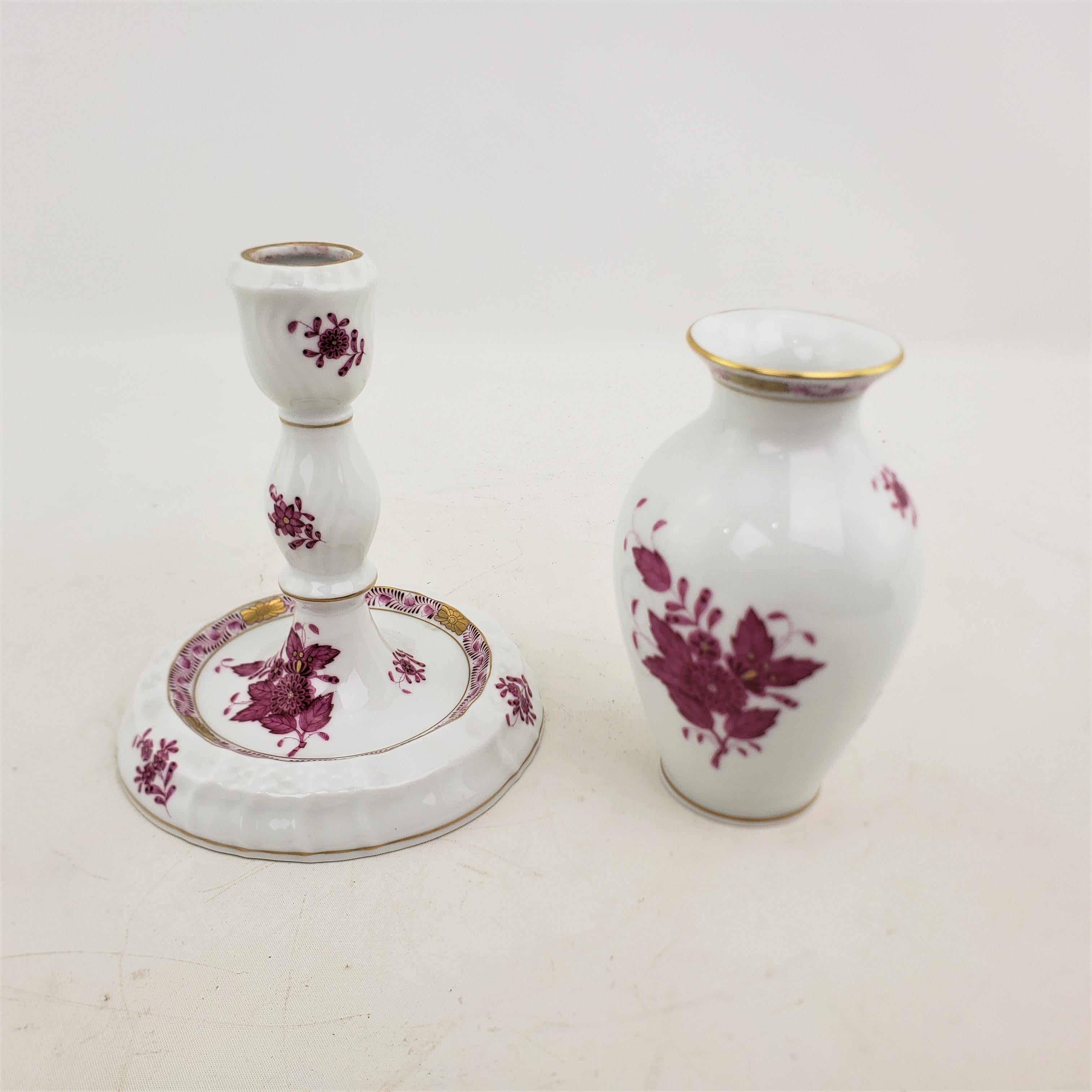 Hungarian Herend Porcelain Raspberry Chinese Bouquet Candlestick & Vase Pairing For Sale