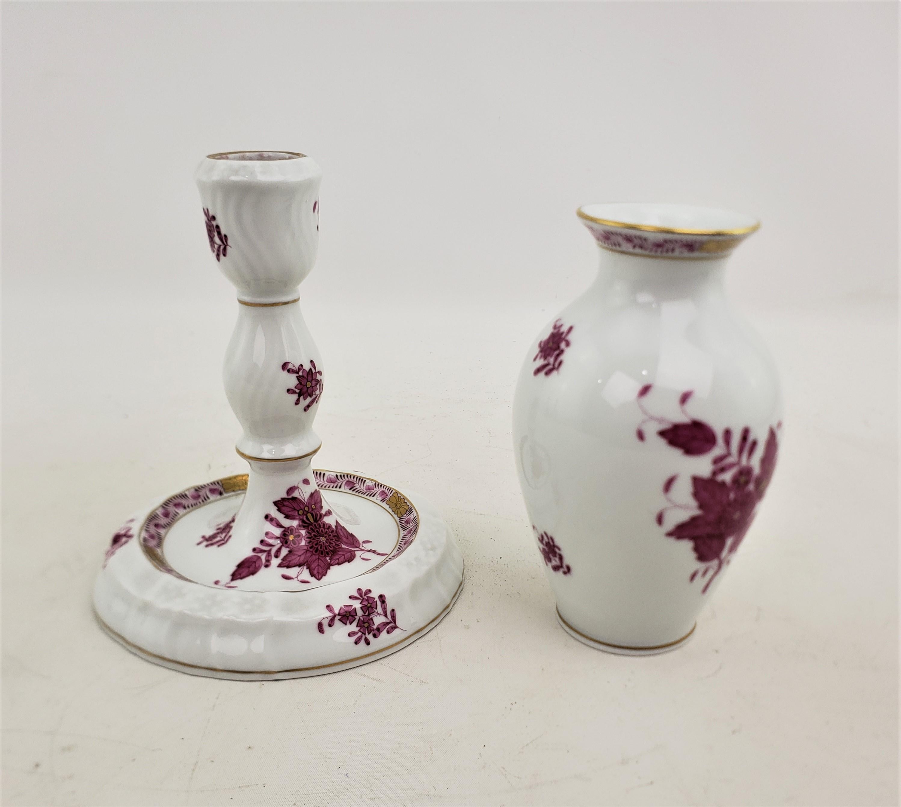 Hand-Painted Herend Porcelain Raspberry Chinese Bouquet Candlestick & Vase Pairing For Sale
