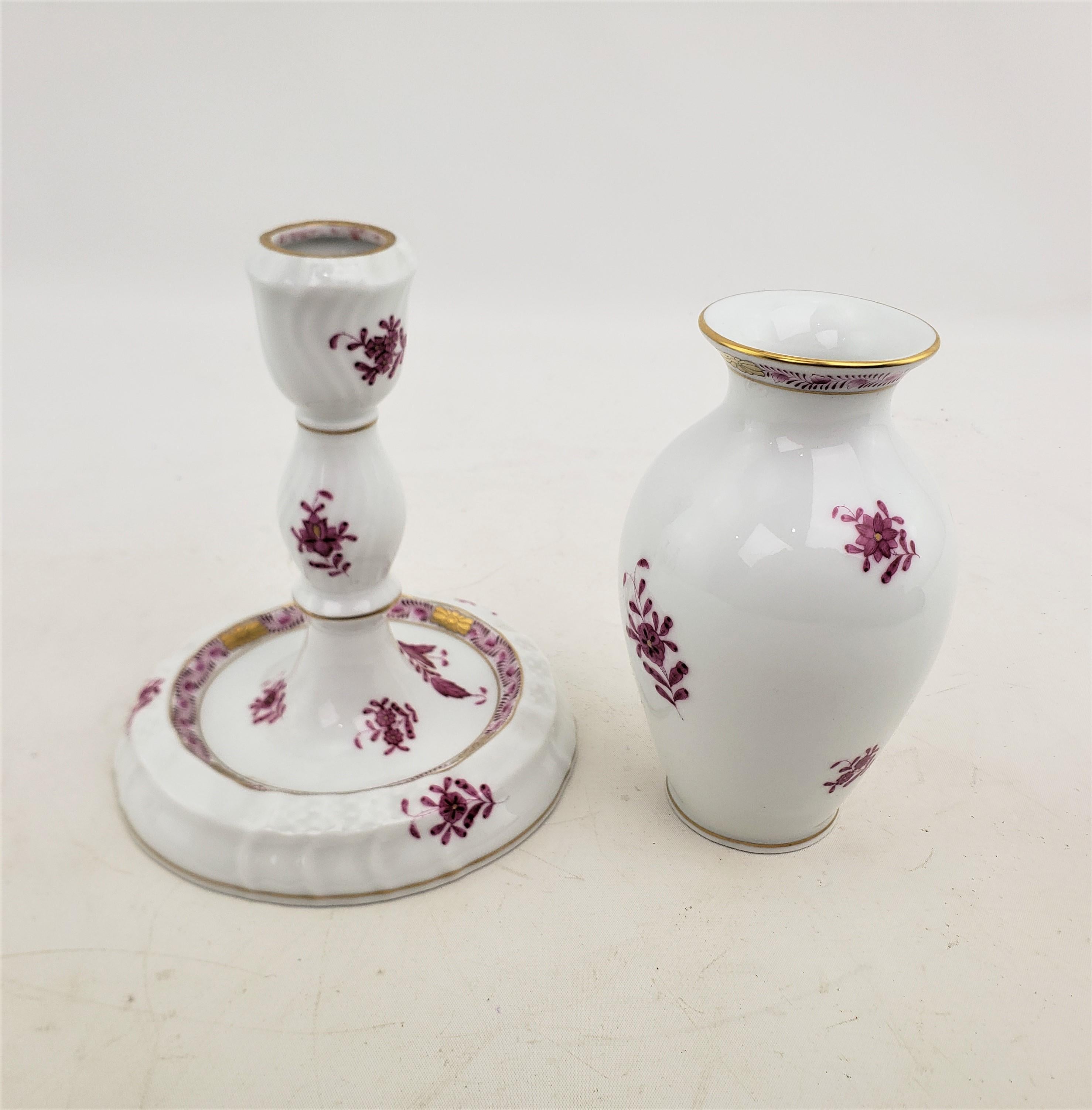 Herend Porcelain Raspberry Chinese Bouquet Candlestick & Vase Pairing In Good Condition For Sale In Hamilton, Ontario