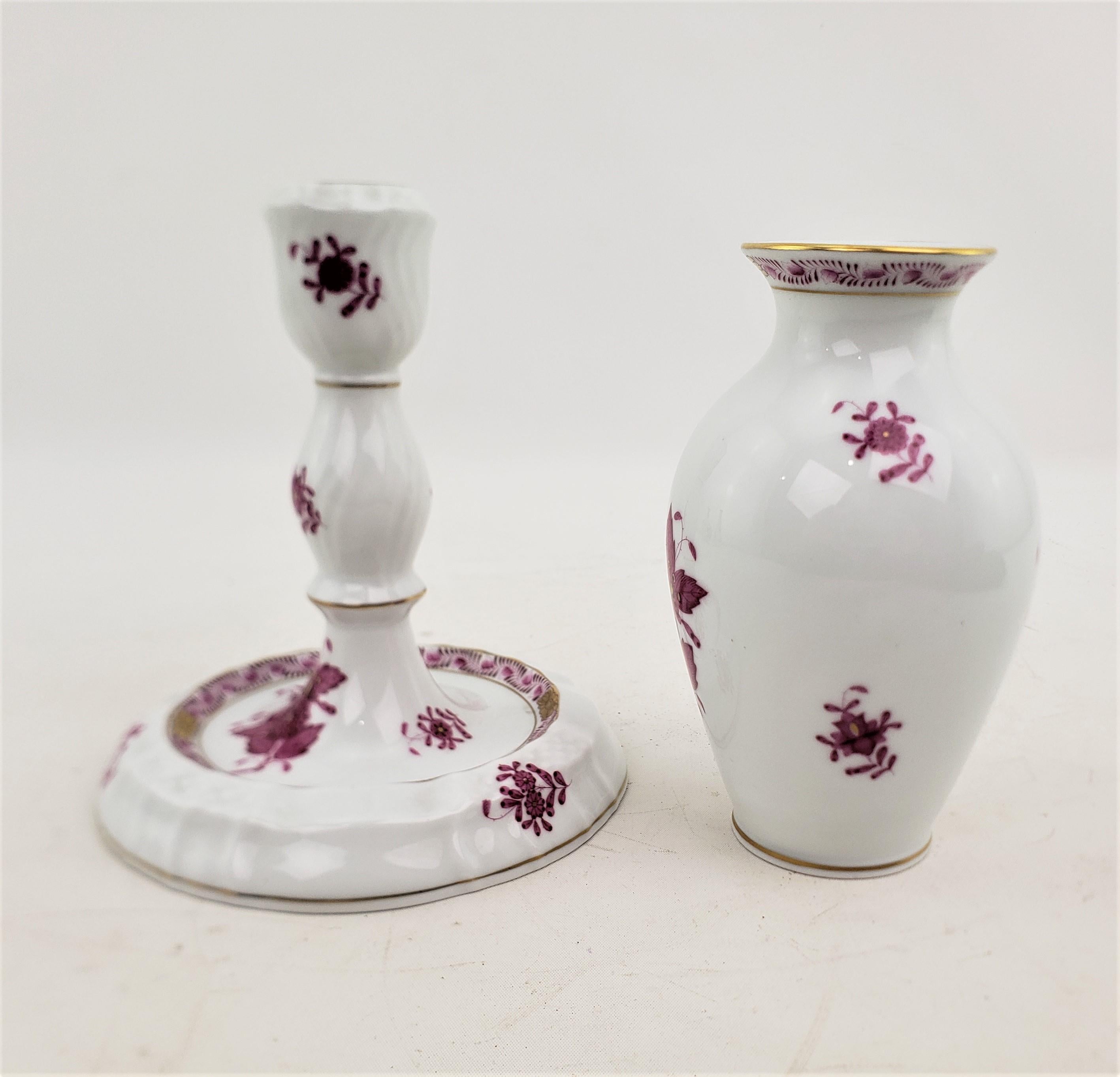 20th Century Herend Porcelain Raspberry Chinese Bouquet Candlestick & Vase Pairing For Sale
