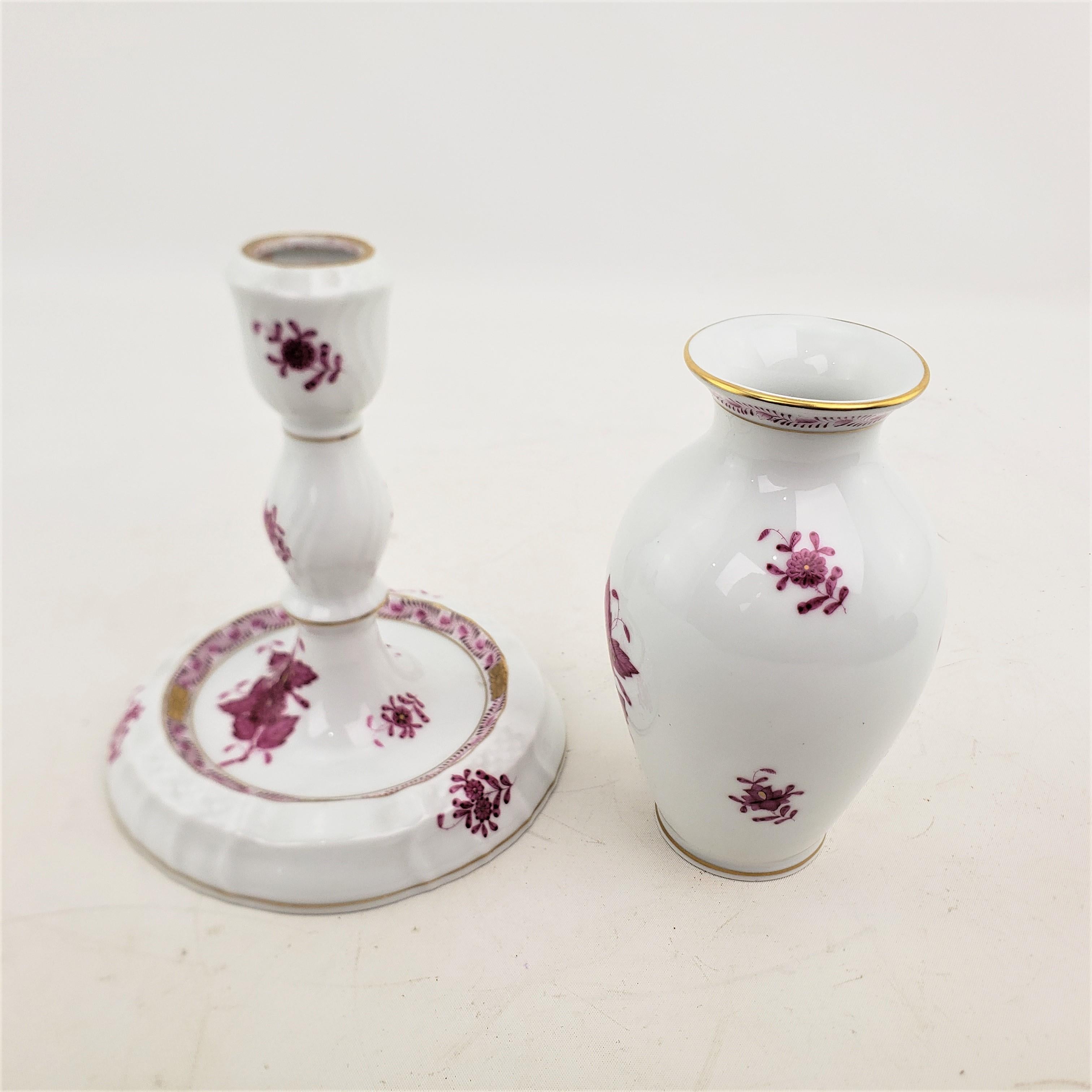 Herend Porcelain Raspberry Chinese Bouquet Candlestick & Vase Pairing For Sale 1